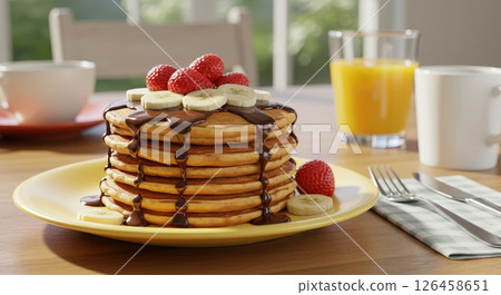 Pancakes stack with fresh strawberries bananas rich chocolate sauce for a delightful sweet breakfast 126458651