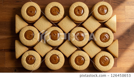Traditional argentine alfajor cookies with dulce de leche and square cookies on wooden table 126458653