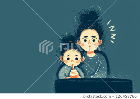 一位母親深夜撫養孩子，一臉焦急。育兒煩惱。 126458766