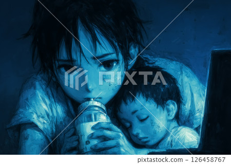 一位母親深夜撫養孩子，一臉焦急。育兒煩惱。 126458767