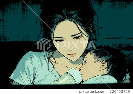 A mother with an anxious expression raising her child late at night. Parenting worries. 126458769