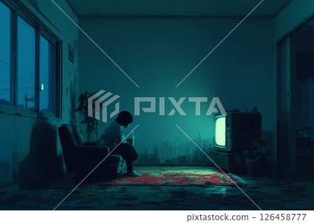 A mother with an anxious expression raising her child late at night. Parenting worries. 126458777