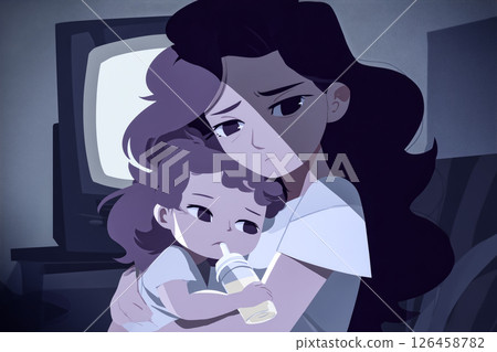 一位母親深夜撫養孩子,一臉焦急。育兒煩惱。 一位母親深夜撫養孩子,一臉焦急。育兒煩惱。 126458782