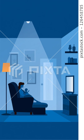 一位母親深夜撫養孩子，一臉焦急。育兒煩惱。 126458785