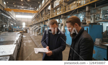 Factory workers reviewing technical plans near industrial metalworking machinery 126458807