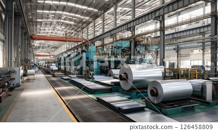 Metal rolling mill producing coils and sheets in a modern factory, showcasing industrial manufacturing processes 126458809
