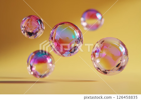 Colorful bubbles and simple yellow background, background with pastel colored soap bubbles flying Colorful bubbles and simple yellow background, background with pastel colored soap bubbles flying 126458835