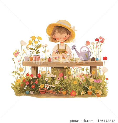 Young girl enjoying gardening surrounded by colorful flowers in a sunny setting Young girl enjoying gardening surrounded by colorful flowers in a sunny setting 126458842