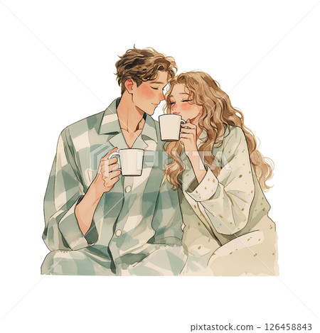 Couple enjoying warm drinks together in cozy setting during winter morning 126458843