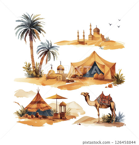 Desert landscape featuring traditional tents, palm trees, a camel, and mosque towers during daytime Desert landscape featuring traditional tents, palm trees, a camel, and mosque towers during daytime 126458844