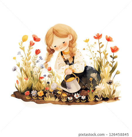 Young girl enjoying gardening surrounded by colorful flowers in a sunny setting Young girl enjoying gardening surrounded by colorful flowers in a sunny setting 126458845