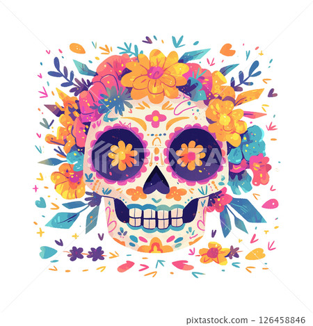 Colorful sugar skull surrounded by flowers and decorations for a festive celebration in a vibrant setting Colorful sugar skull surrounded by flowers and decorations for a festive celebration in a vibrant setting 126458846