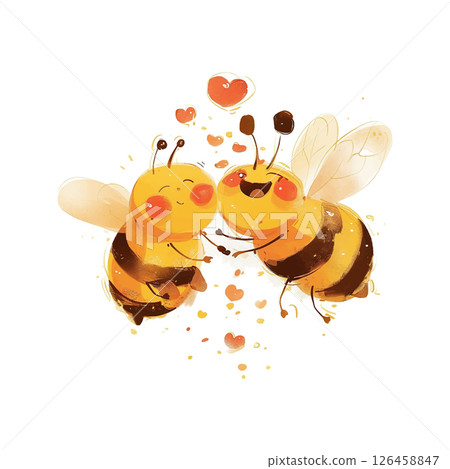 Cute cartoon bees sharing love on a bright background with hearts and cheerful expressions Cute cartoon bees sharing love on a bright background with hearts and cheerful expressions 126458847