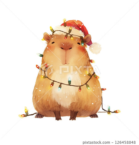 Cute capybara decorated with Christmas lights and wearing a Santa hat in a festive setting during the holiday season Cute capybara decorated with Christmas lights and wearing a Santa hat in a festive setting during the holiday season 126458848