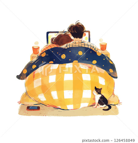 Cozy evening indoors with couple watching a movie under a blanket with their cat nearby Cozy evening indoors with couple watching a movie under a blanket with their cat nearby 126458849
