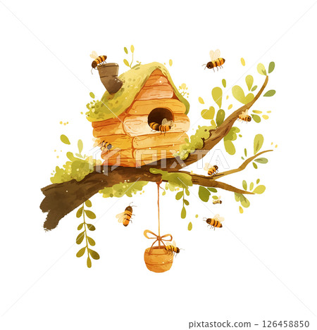Beekeeping scene with a wooden hive surrounded by bees on a sunny day in a lush green garden 126458850