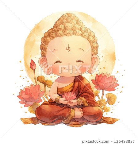 Smiling child Buddha sitting in lotus position surrounded by flowers in serene setting Smiling child Buddha sitting in lotus position surrounded by flowers in serene setting 126458855