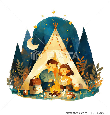 Couple enjoying a cozy campfire under a starry night sky in a forest setting Couple enjoying a cozy campfire under a starry night sky in a forest setting 126458858