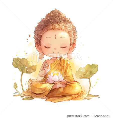 Digital artwork of a young monk meditating peacefully with a lotus flower in a serene setting 126458860