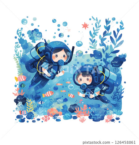 Diverse underwater exploration by two divers in a vibrant coral reef teeming with colorful fish Diverse underwater exploration by two divers in a vibrant coral reef teeming with colorful fish 126458861