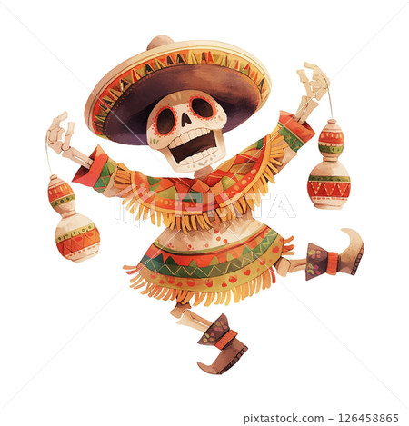 Dancing skeleton character with traditional attire and instruments in a festive celebration atmosphere 126458865