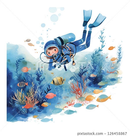 Diver explores colorful underwater world filled with marine life in a vibrant coral reef during a sunny day Diver explores colorful underwater world filled with marine life in a vibrant coral reef during a sunny day 126458867