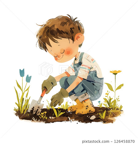 Child enjoying gardening while planting flowers in a sunny outdoor setting Child enjoying gardening while planting flowers in a sunny outdoor setting 126458870