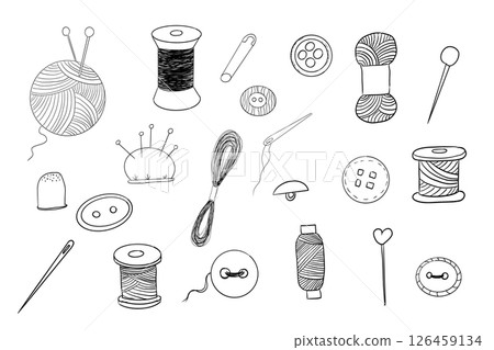 Sewing set with thread, needle buttons doodle hand drawn. Handmade crafts embroidery collection. Vintage tailor kit. Sewing accessories Sewing set with thread, needle buttons doodle hand drawn. Handmade crafts embroidery collection. Vintage tailor kit. Sewing accessories 126459134