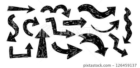 Thick arrow crayon or chalk drawing sketch grunge textured set. Different directions simple curve shape. Pencil, marker, pastel scribble 126459137