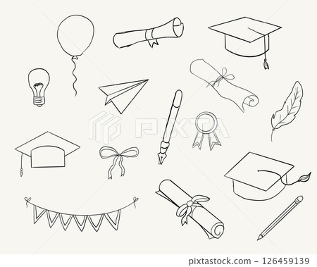 Graduation hat doodle line. University Cap of graduate and certificate degree hand drawn outline. Graduation hats sketch  126459139