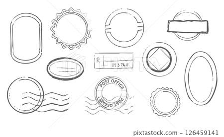 Post stamp air mail postage rubber vintage frame, seal. Line retro textured blank postmark border template. Grunge circle airmail print, design element. 126459141