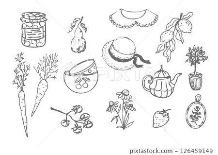 Cottagecore set cosy country rural things sketch. Retro cute whimsy farm themed cottage core aesthetic. Hobby collection, vegetables doodle. 126459149