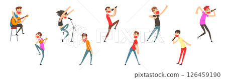 Man Singers with Microphones Performing on Stage Vector Set 126459190