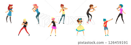 Man and Woman Singers with Microphones Performing on Stage Vector Set 126459191