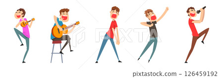 Man Singers with Microphones Performing on Stage Vector Set Man Singers with Microphones Performing on Stage Vector Set 126459192