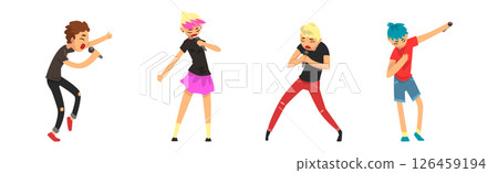 Man and Woman Singers with Microphones Performing on Stage Vector Set 126459194