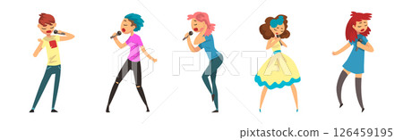 Man and Woman Singers with Microphones Performing on Stage Vector Set Man and Woman Singers with Microphones Performing on Stage Vector Set 126459195
