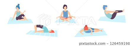 Man and Woman Practice Yoga Exercise and Asana Vector Set 126459198