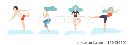 Man and Woman Practice Yoga Exercise and Asana Vector Set Man and Woman Practice Yoga Exercise and Asana Vector Set 126459201