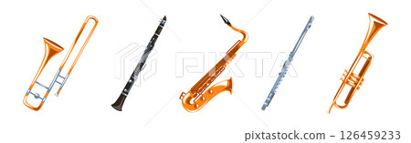 Wind Musical Instrument and Equipment for Musician Performance Vector Set Wind Musical Instrument and Equipment for Musician Performance Vector Set 126459233