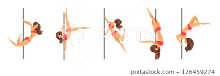 Woman Character Pole Dancer Engaged in Choreography and Fitness Activity Vector Set 126459274