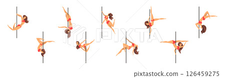 Woman Character Pole Dancer Engaged in Choreography and Fitness Activity Vector Set Woman Character Pole Dancer Engaged in Choreography and Fitness Activity Vector Set 126459275