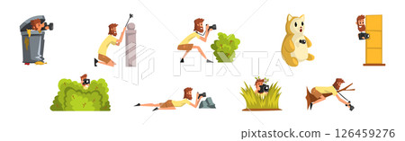 Man Photographer Taking Photos Using Professional Equipment Vector Set 126459276