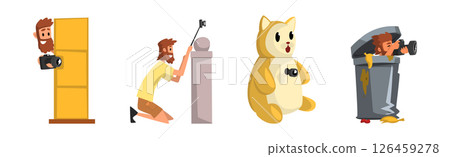 Man Photographer Taking Photos Using Professional Equipment Vector Set 126459278