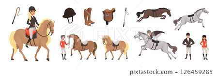 Equestrian Sport with Man and Woman on Horse Back Vector Set Equestrian Sport with Man and Woman on Horse Back Vector Set 126459285