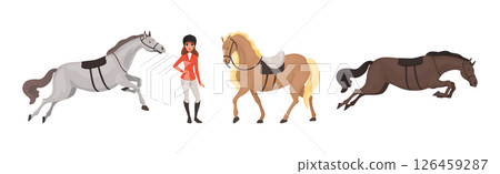 Equestrian Sport with Woman on Horse Back Vector Set 126459287