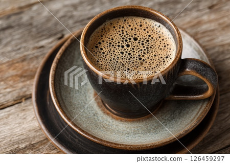 A Rustic Ceramic Mug of Coffee on a Wooden Table Surface. 126459297