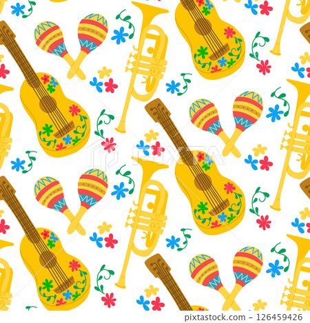 Seamless pattern with mariachi guitars, maracas 126459426