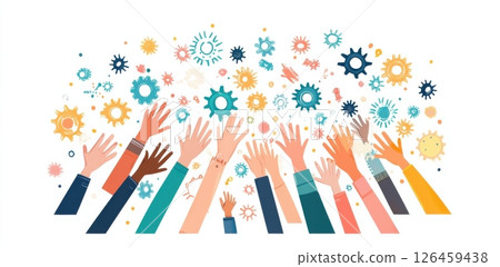 Illustration of Diversity and Teamwork Featuring Colored Hands and Gears Symbolizing Unity 126459438