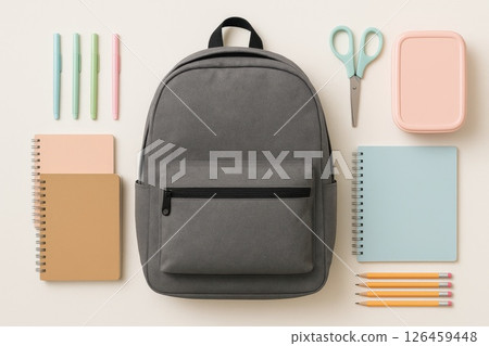 Back-to-school essentials arranged around backpack Back-to-school essentials arranged around backpack 126459448